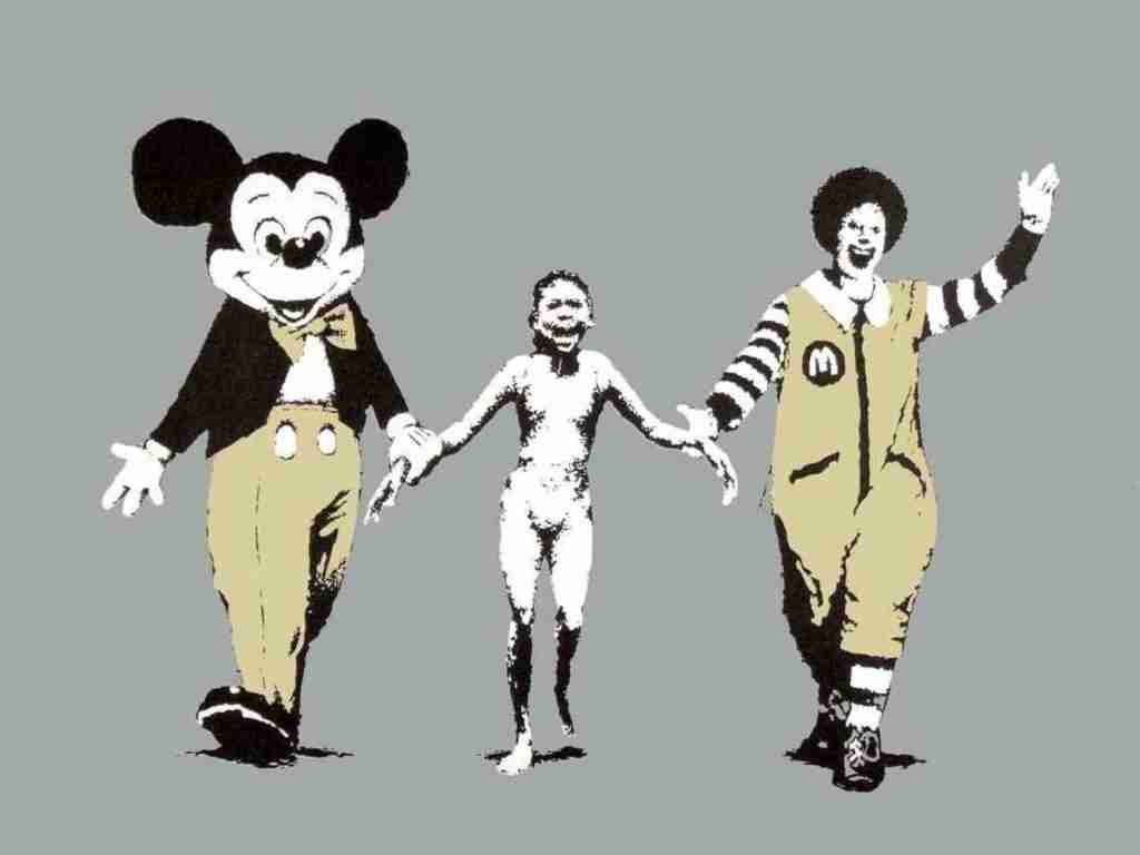 Banksy: Napalm. Image of Micky Mouse, Ronald the clown shaking hands with the girl burned by Napalm.