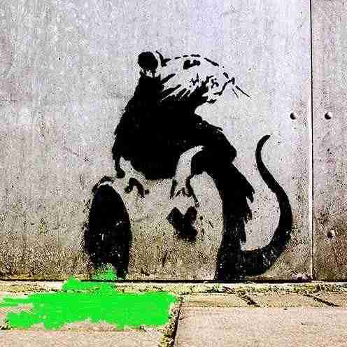 Toxic Rat, Banksy. Image of a rat projected in black with a drum from which a polluting green liquid comes out.