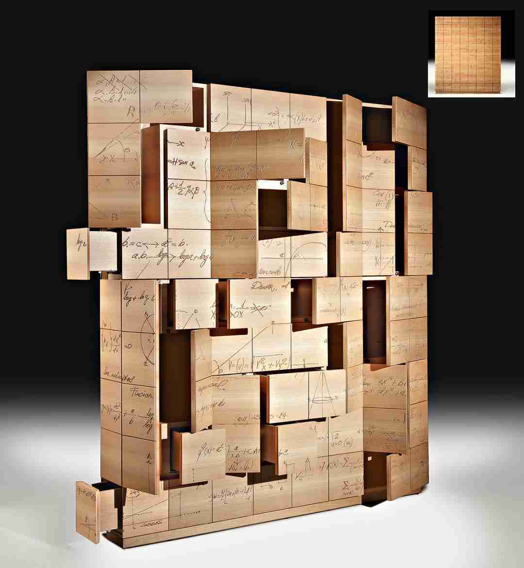Formulas, Tresserra Collection. Furniture that presents a labyrinth of compartments with an infinity of formulas engraved on its surface.