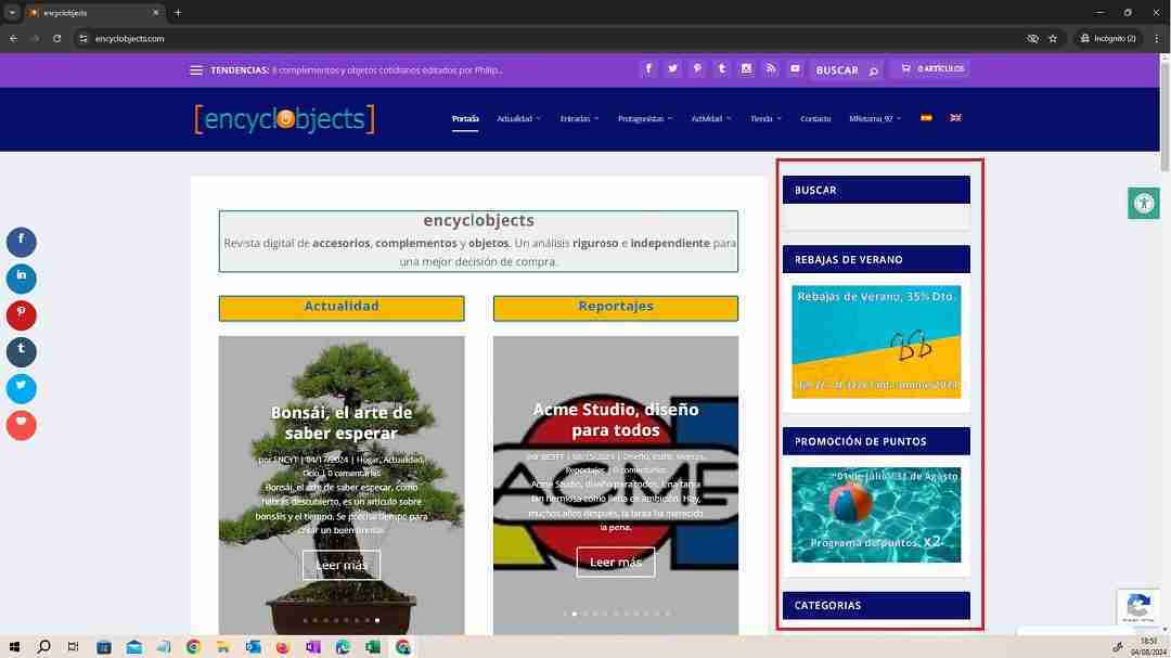 Captura de pantalla del área de widgets de encyclobjects.com