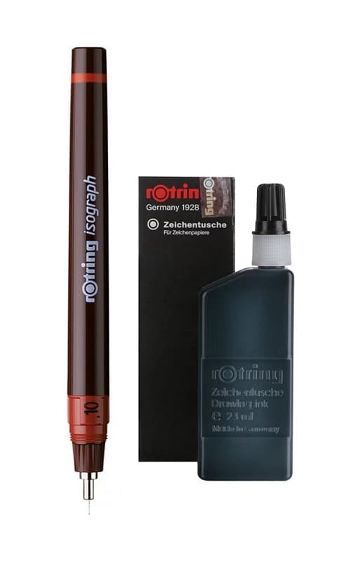 rotring-isograph-0.10-tinta-500x800px.jpg Rotring Isograph 0,10 mm. y botellita de tinta china de color negro.