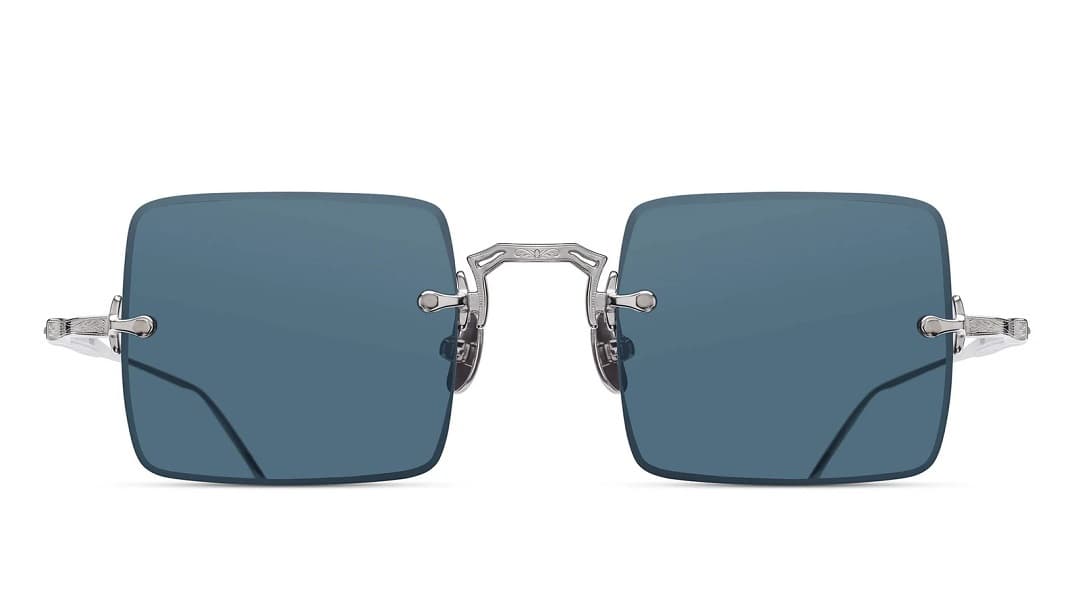 Matsuda M5001, Grey, front view. Rimless sunglasses, made of titanium and 22K gold. 