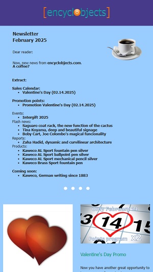 Cover of the February 2025 Newsletter of the digital magazine encyclobjects.com with a blue background.