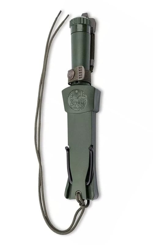 Aitor Jungle King III, cuchillo de supervivencia en su funda. Color verde militar con su cordón para ajuste en la pierna.