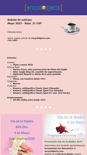 boletin-de-noticias-mayo-2025-300x532px.jpg Boletín de noticias Mayo 2025. Presentación sobre fondo crema del contenido publicado durante el mes en encyclobjects.com.
