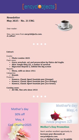 May 2025 Newsletter. Cream-colored presentation of the content published during the month on encyclobjects.com.