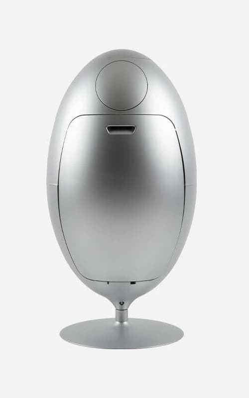 Ovetto Metal in aluminum color. Waste and recycling deposit in the shape of a giant egg. 