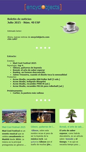 boletin-de-noticias-julio-2025-300x532px.jpg Boletín de noticias de Julio 2025 para encyclobjects.com, sobre fondo verde eventos, noticias y productos del mes.