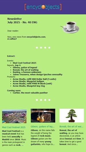 July 2025 newsletter for encyclobjects.com. Green background, events, news, and products of the month.