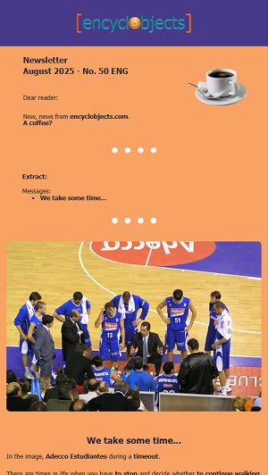 August 2025 newsletter from encyclobjects.com. Orange background, Adecco Students on a break.
