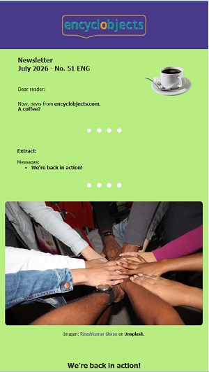 July 2026 newsletter for encyclobjects.com, on an orange background some people with their hands stacked for a new challenge.